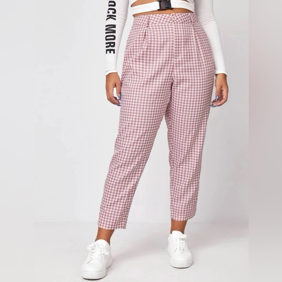 SHEIN Pants - NWOT Gingham Slant Artsy Pocket Pants Pink and White Checkered Sz 1XL(14)